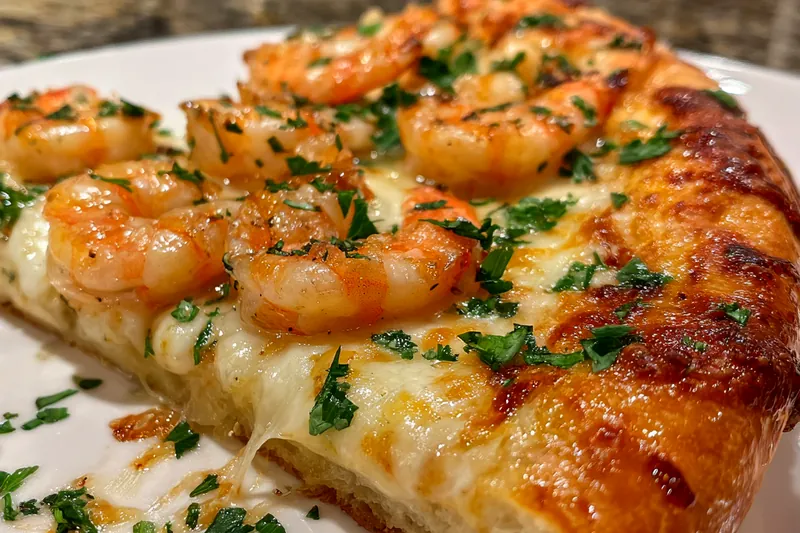 Ingredients for Savory Garlic Shrimp Pizza laid out on a wooden countertop.