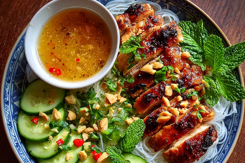 Chef stirring the sautéed vegetables in a skillet while grilling chicken for the noodle bowl.