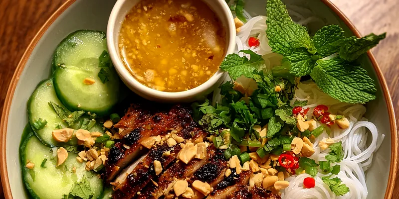 A beautifully arranged Savory Grilled Chicken Noodle Bowl with colorful vegetables and grilled chicken.