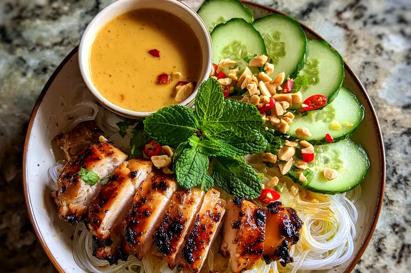 Colorful array of ingredients for Savory Grilled Chicken Noodle Bowl arranged on a wooden board.