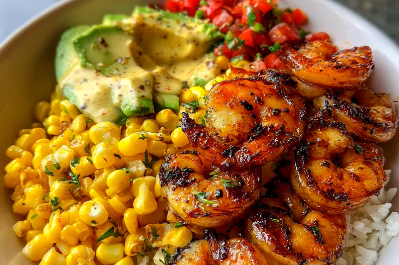 The process of grilling shrimp for the Savory Grilled Shrimp Bowl.