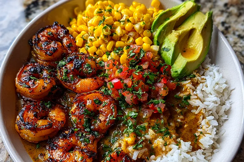 An assortment of fresh ingredients used in the Savory Grilled Shrimp Bowl.