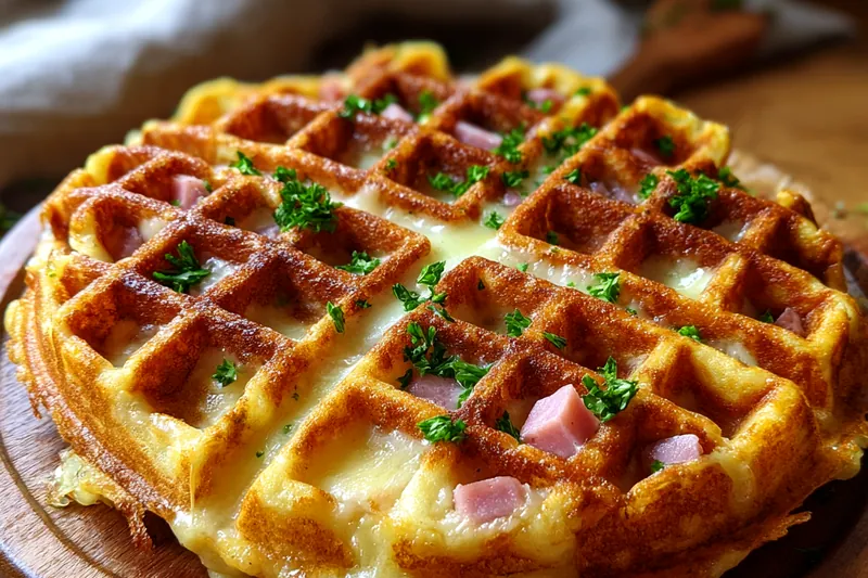 Cooking process of Savory Ham and Cheese Chaffles in a waffle maker, showcasing the crispy golden texture.