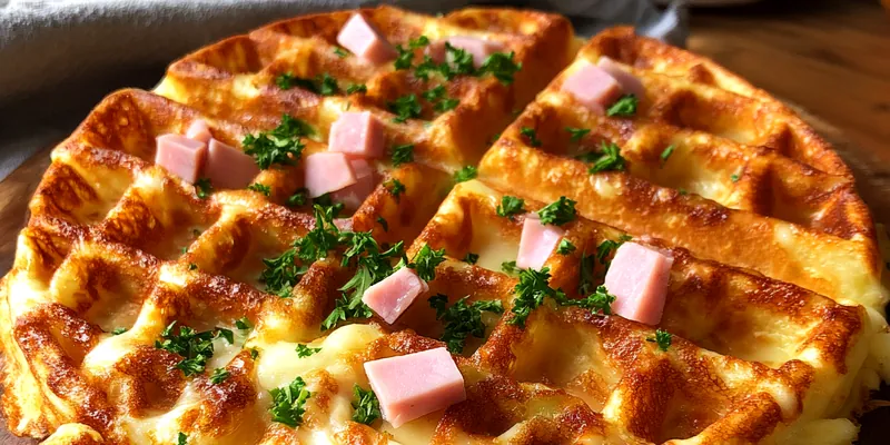 A plate of golden Savory Ham and Cheese Chaffles garnished with chives and served with dipping sauce.