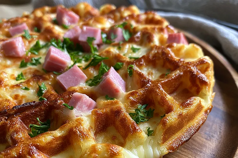 An array of fresh ingredients for Savory Ham and Cheese Chaffles including ham, cheese, and eggs.