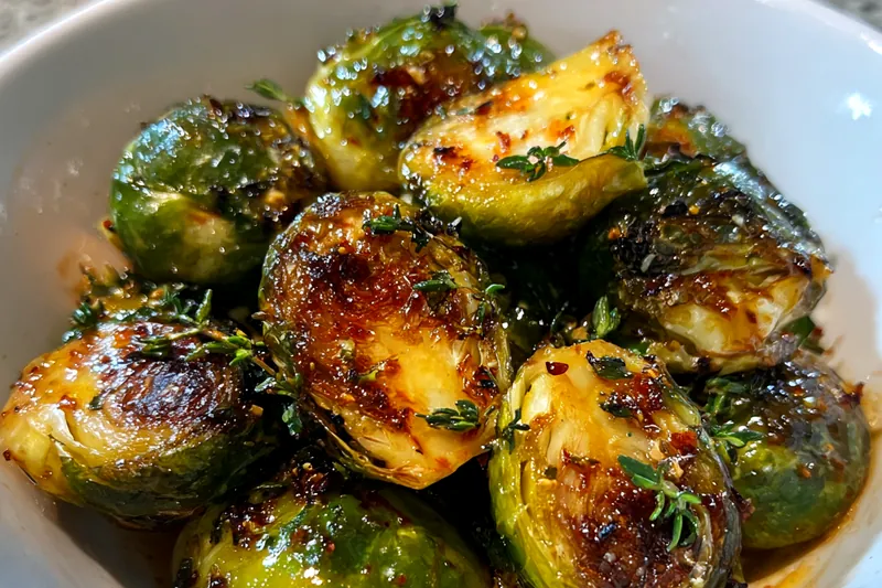 Fresh ingredients for Savory Honey Balsamic Brussels Sprouts including Brussels sprouts, honey, and balsamic vinegar.