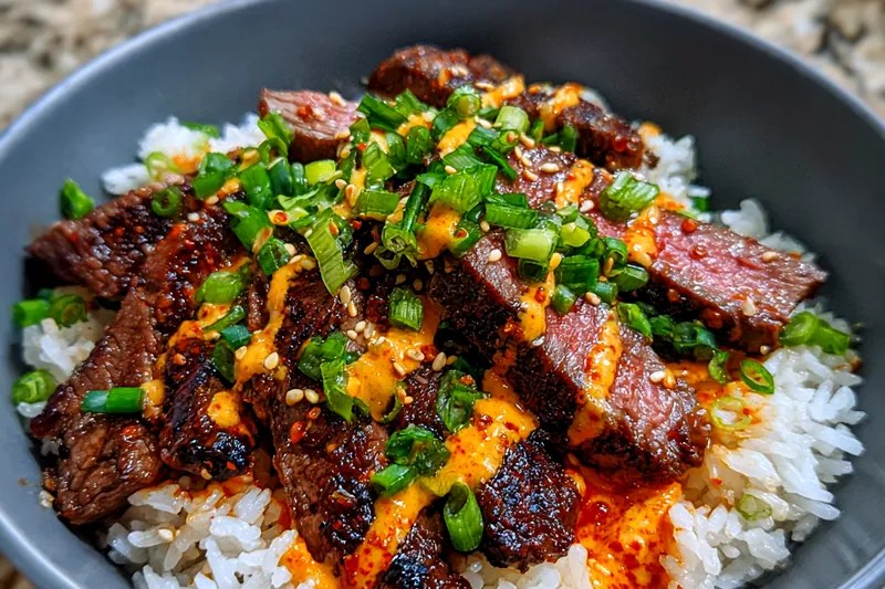 A skillet with sizzling flank steak being cooked to perfection for Savory Korean BBQ Steak Bowls.