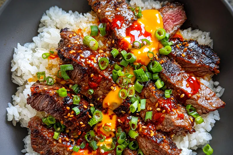 A colorful arrangement of fresh ingredients for Savory Korean BBQ Steak Bowls including rice, vegetables, and steak.