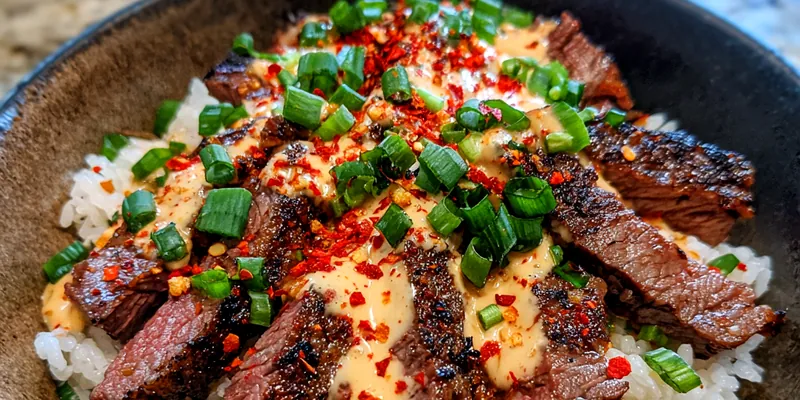 A beautifully arranged Savory Korean Steak Rice Bowl with vibrant colors and garnishes.