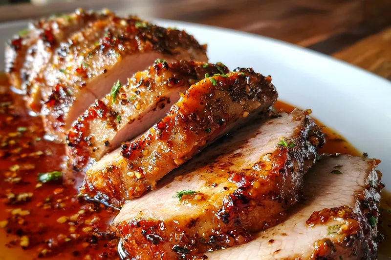 Chef Mitchell expertly cooking Savory Maple Dijon Pork in a skillet, showcasing the golden brown color of the seared meat.