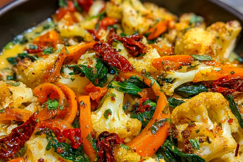 A skillet filled with delicious roasted Savory Marry Me Veggies, showcasing the golden brown colors and melted cheese on top.