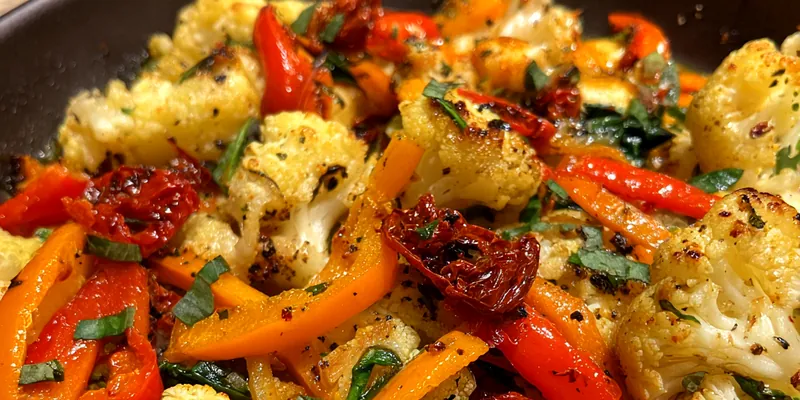 A vibrant plate of Savory Marry Me Veggies featuring bright broccoli, bell peppers, zucchini, and cherry tomatoes, topped with melted parmesan.