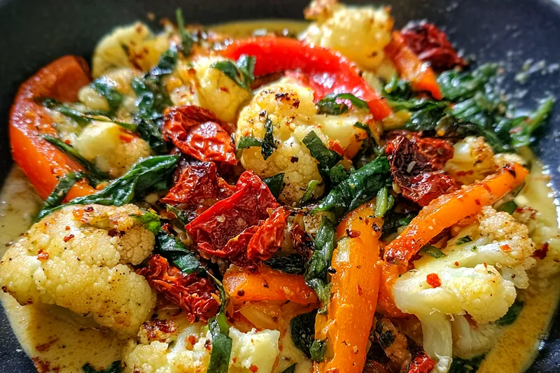 A vibrant display of fresh ingredients for Savory Marry Me Veggies including colorful bell peppers, zucchini, cherry tomatoes, and broccoli.