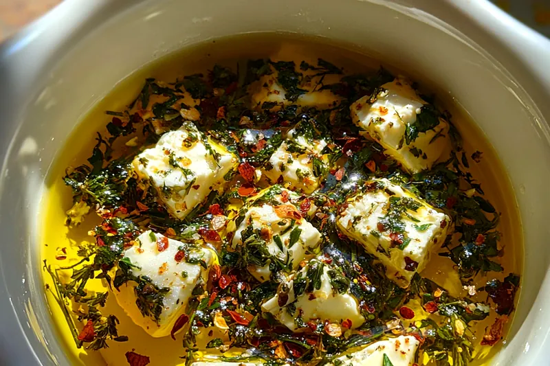 Chef Mitchell expertly mixing ingredients for Savory Mediterranean Feta Oil in a rustic kitchen.