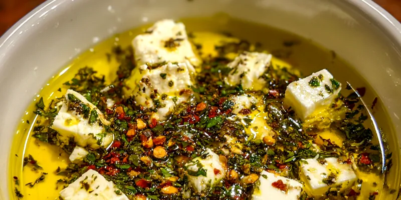 A vibrant bowl of Savory Mediterranean Feta Oil served with fresh bread and herbs.