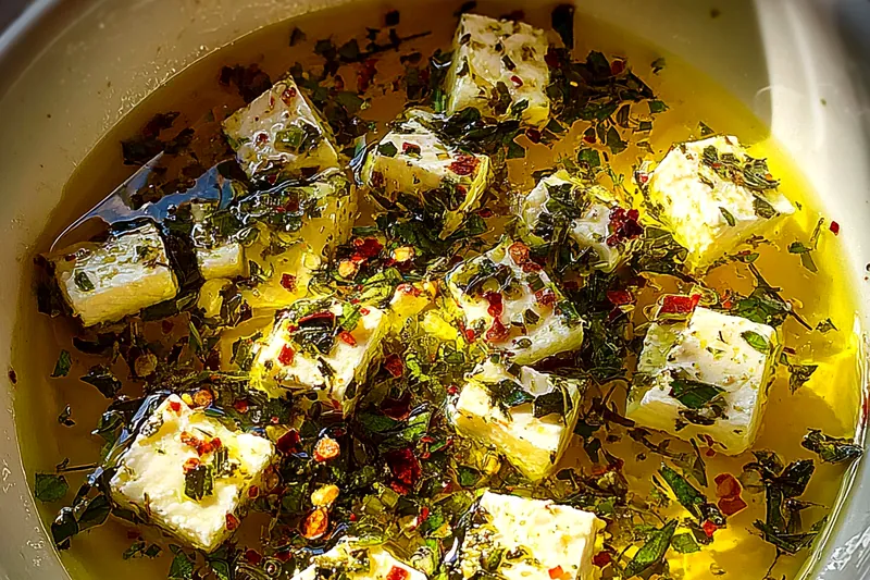 A colorful assortment of ingredients for Savory Mediterranean Feta Oil displayed on a wooden cutting board.