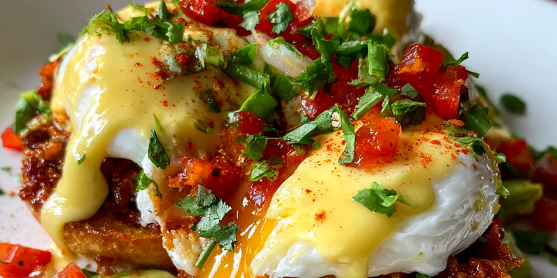 A beautifully plated dish of Savory Mexican Eggs Delight with vibrant colors from tomatoes and cilantro.