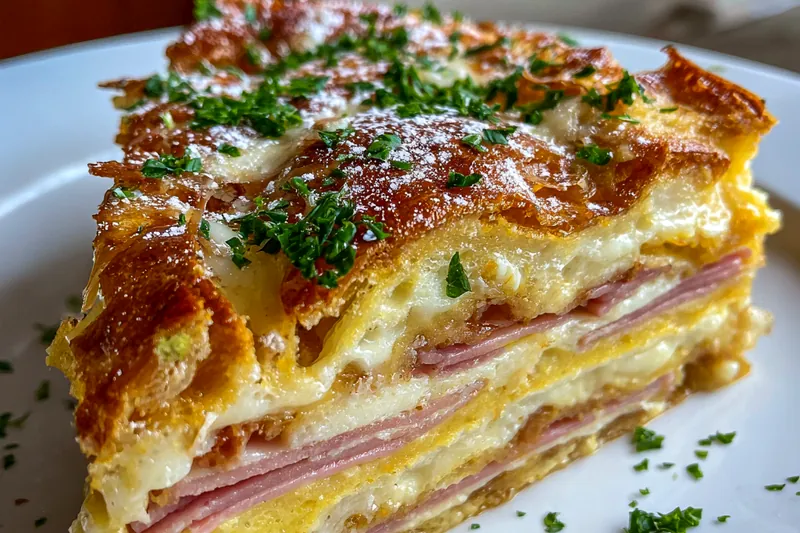 A step-by-step cooking process showing the preparation of Savory Monte Cristo Casserole, including mixing ingredients and baking.