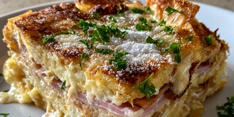 A beautifully baked Savory Monte Cristo Casserole, golden brown with melting cheese on top, garnished with fresh herbs.