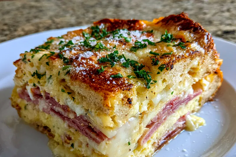 A vibrant display of fresh ingredients used in Savory Monte Cristo Casserole, including bread, eggs, cheese, and ham.