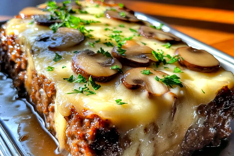 An array of fresh ingredients including ground beef, mushrooms, and Swiss cheese laid out for Savory Mushroom Swiss Meatloaf.