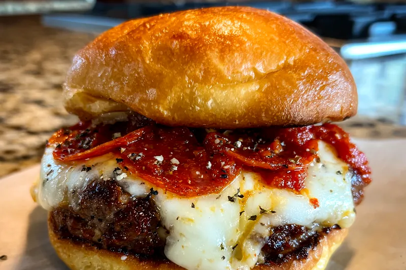 Chef Mitchell grilling Savory Pizza Burgers Delight to perfection on a hot grill.