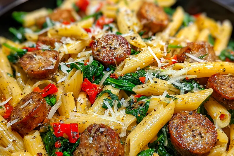 A step-by-step cooking process showcasing the preparation and cooking of Savory Sausage Spinach Penne in a skillet.