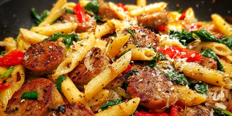 A vibrant bowl of Savory Sausage Spinach Penne garnished with fresh parsley and grated Parmesan cheese, showcasing the dish's rich colors.