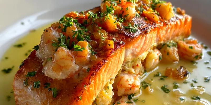 Delicious Savory Seafood Stuffed Salmon served on a plate