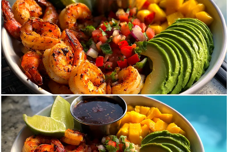Fresh ingredients for Savory Shrimp Avocado Bowl