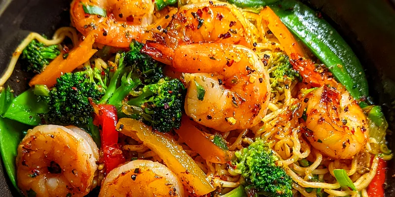 Delicious Savory Shrimp Vegetable Stir-Fry served on a plate
