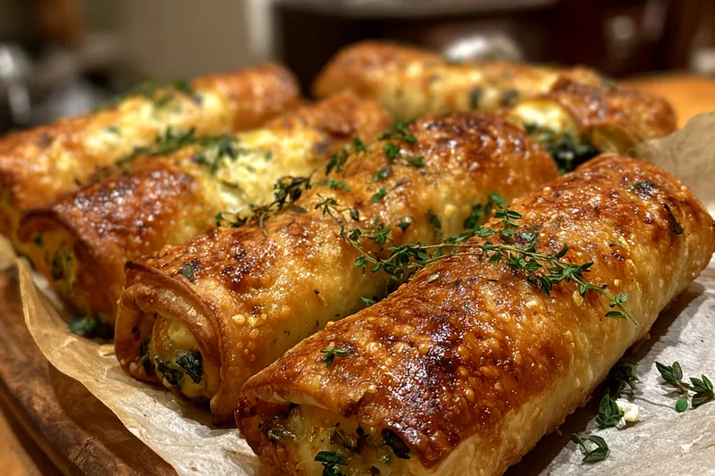 An assortment of fresh ingredients for making Savory Spinach and Cheese Rolls including spinach, cheese, and pastry.