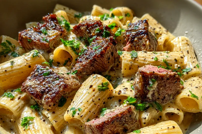 Cooking process for Savory Steak and Pasta