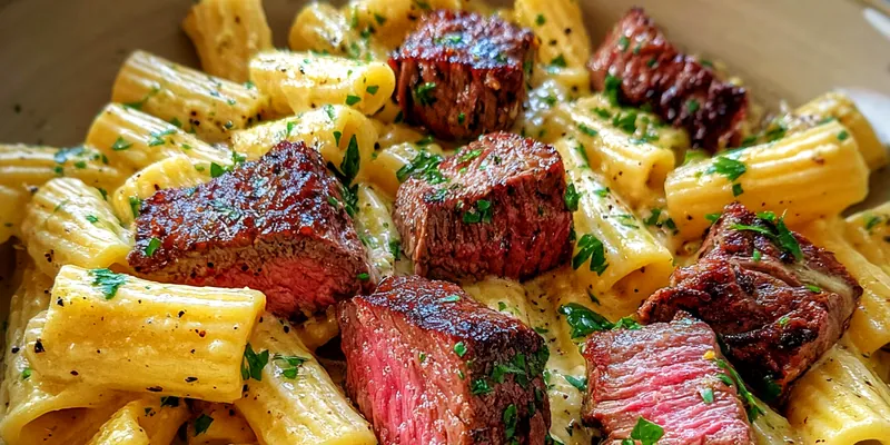 Delicious Savory Steak and Pasta served on a plate