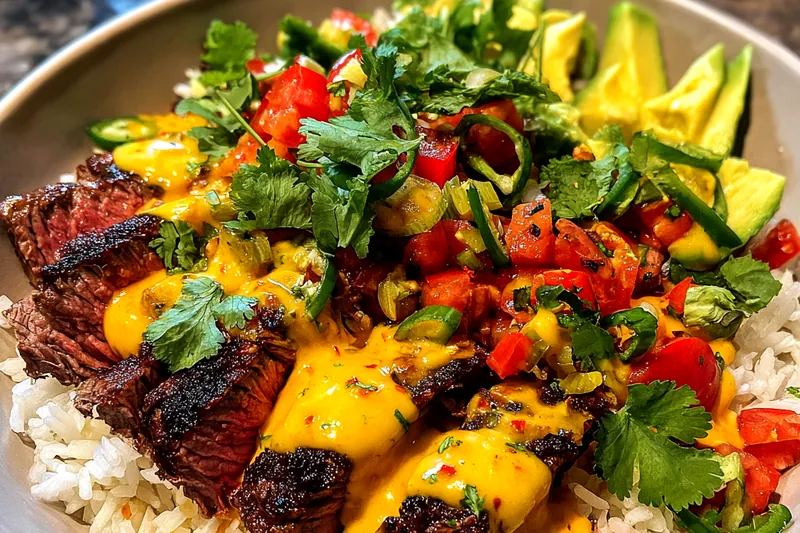 Cooking process for Savory Steak Queso Bowl