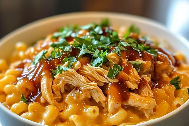 A chef stirring Creamy BBQ Chicken Macaroni in a skillet, showcasing the creamy sauce and cheesy texture.