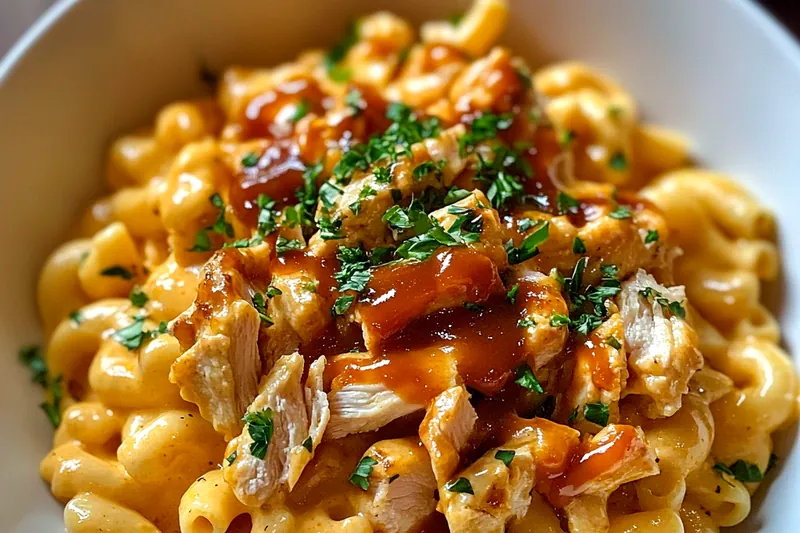 An array of fresh ingredients laid out for Creamy BBQ Chicken Macaroni preparation including chicken, pasta, and sauces.