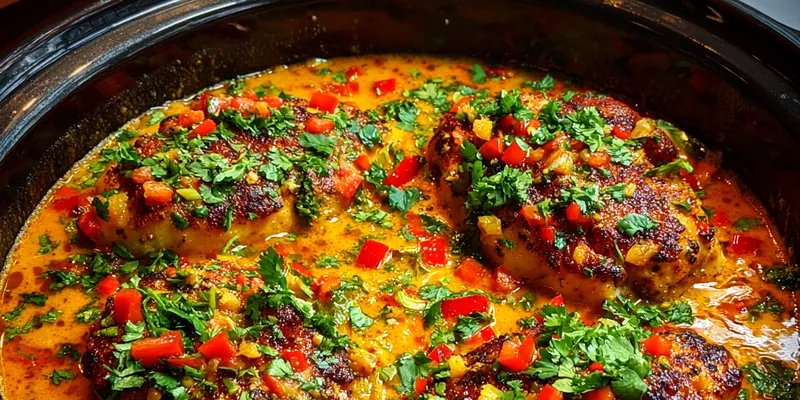A vibrant plate of Slow Cooker Thai Peanut Chicken over rice, garnished with fresh cilantro and crushed peanuts.