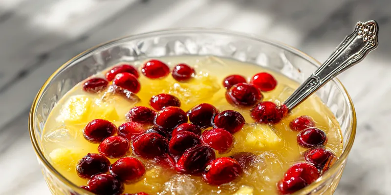 Frosted glass filled with yellow creamy pineapple punch, sugared rim, rosemary and cranberry garnish, sitting on a marble counter
