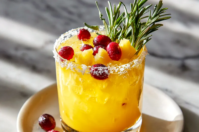 Pineapple juice carton, coconut cream can, and ginger ale bottle arranged on a marble counter with rosemary and cranberries