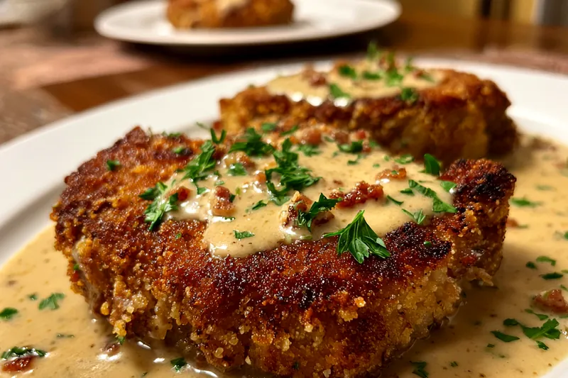 Chef Mitchell skillfully frying Southern Style Pork Chops in a skillet, showcasing the golden-brown crust.