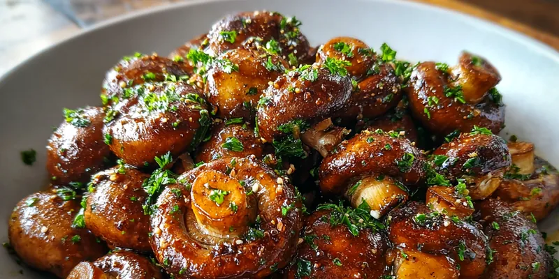 Plated Soy Honey Roasted Mushrooms garnished with green onions on a rustic table setting