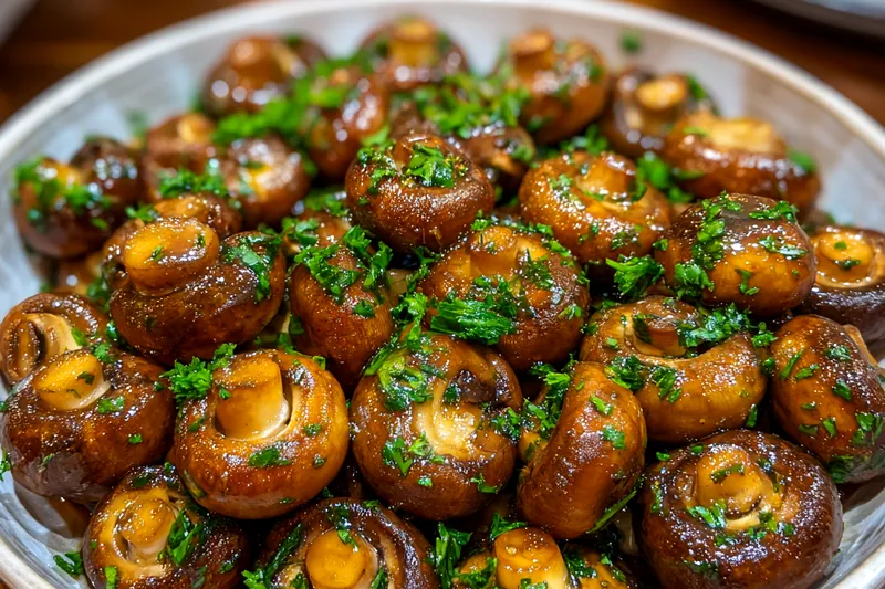 Fresh mushrooms, soy sauce, honey, garlic powder, and sesame oil arranged for Soy Honey Roasted Mushrooms recipe
