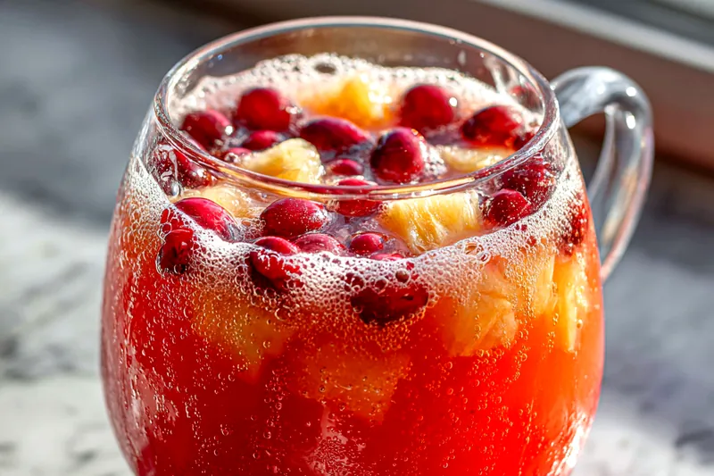 Pitcher of cranberry juice, bowl of pineapple chunks, fresh cranberries, and a bottle of sparkling water on a counter