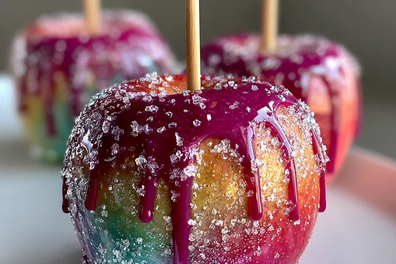 A close up of a shiny purple and blue candied apple being dipped into a pot of swirled sugar syrup