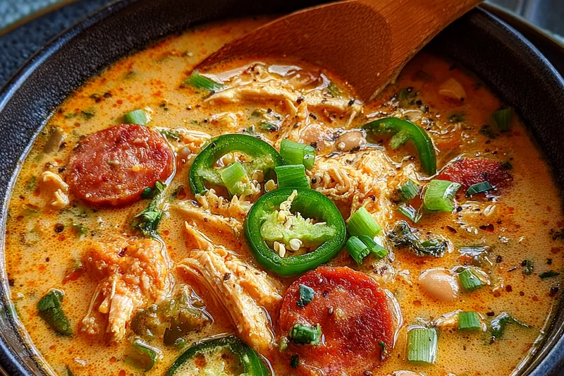 A pot of Spicy Cajun Chicken Chili simmering on the stove, emitting steam and a rich aroma.