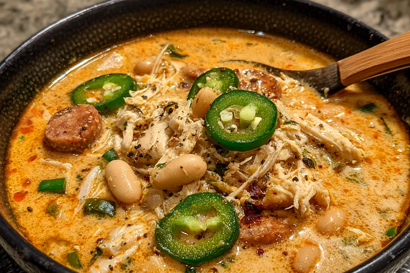 An assortment of fresh ingredients for Spicy Cajun Chicken Chili, including chicken, beans, and vegetables.