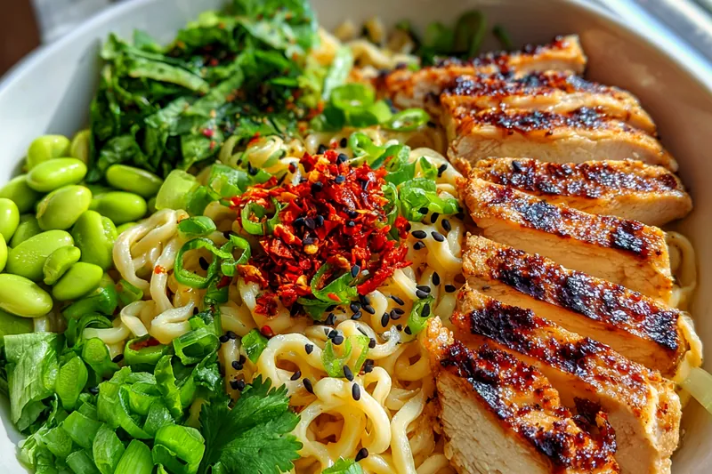 Fresh ingredients for Spicy Chicken Ramen Bowl