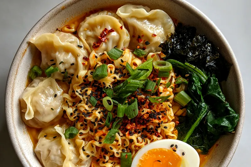 Fresh ingredients for Spicy Dumpling Ramen Bowl