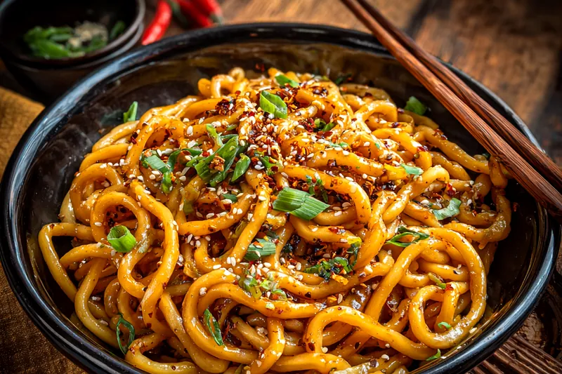 Chef Mitchell expertly stir-frying Spicy Garlic Chili Noodles Delight in a hot skillet.